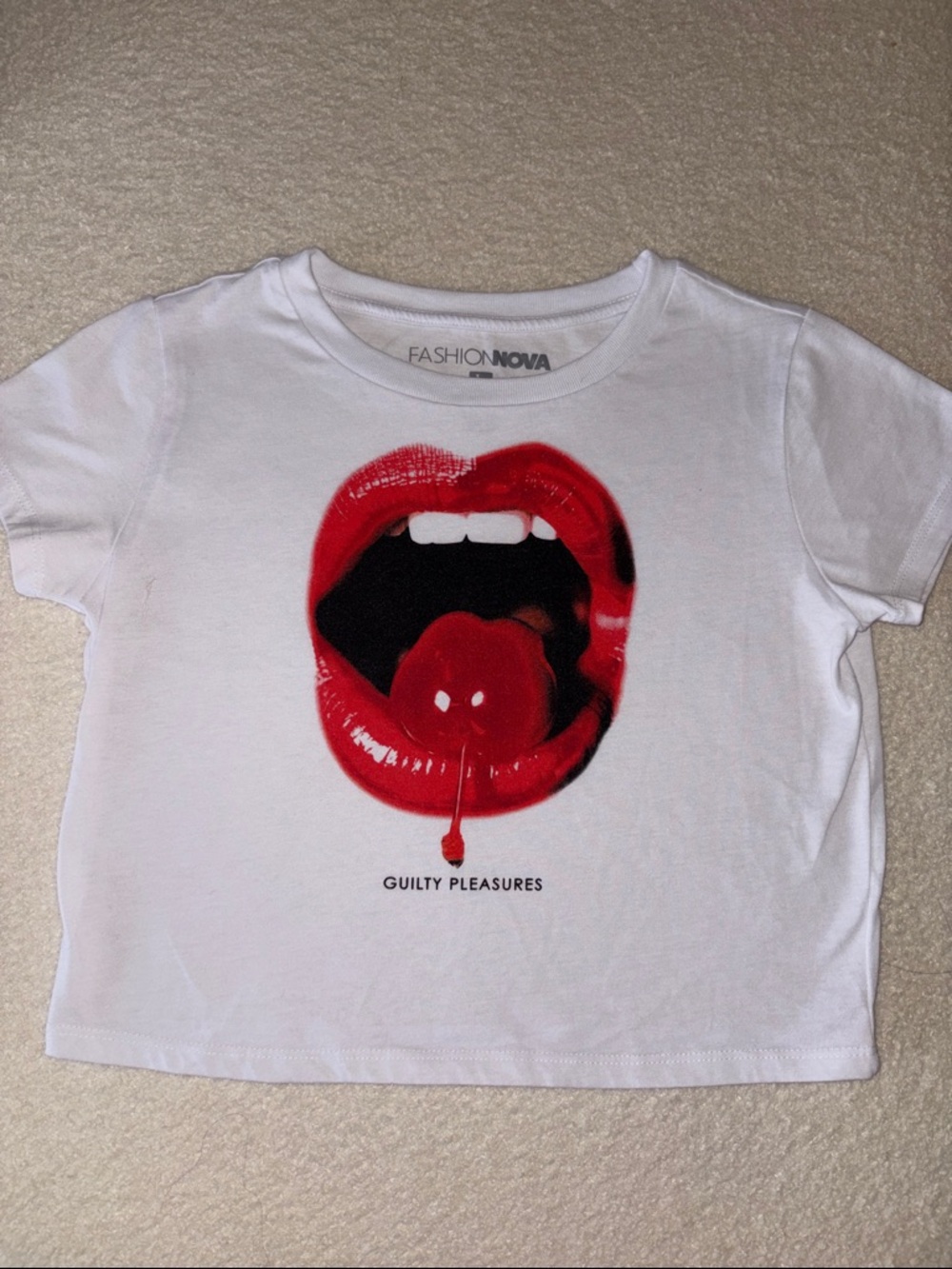 Fashion Nova Woman’s White Tee with Red Lip & Cherry Graphic